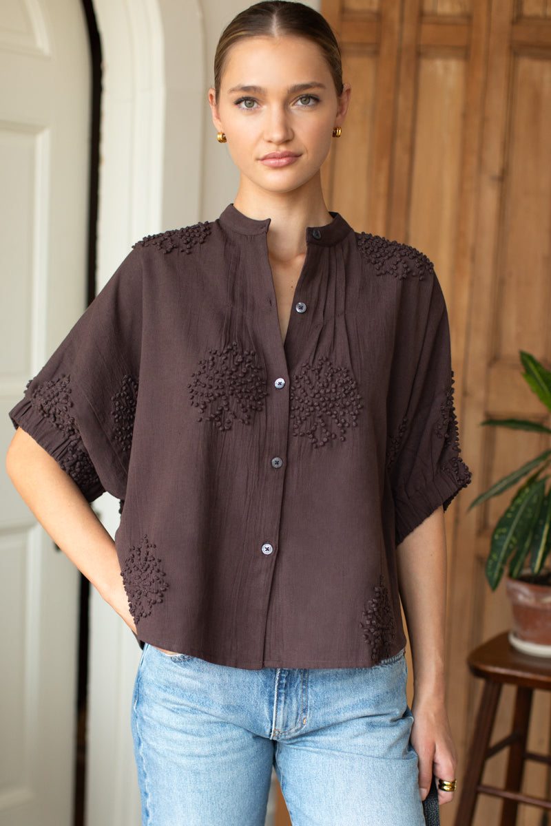 Mandarin Collar Top - French Knot Floral Vintage Chestnut