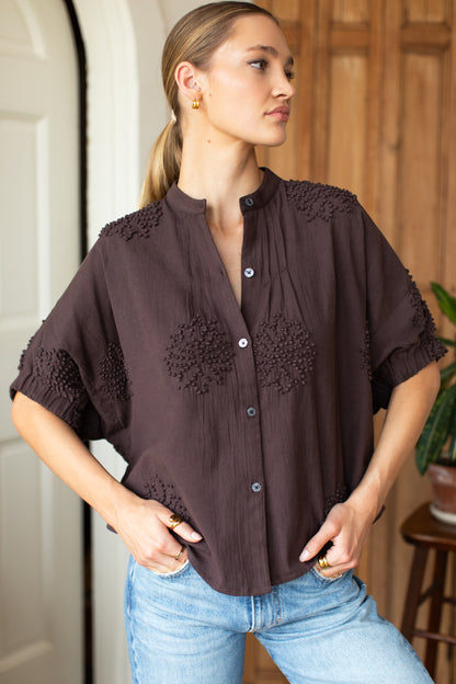 Mandarin Collar Top - French Knot Floral Vintage Chestnut