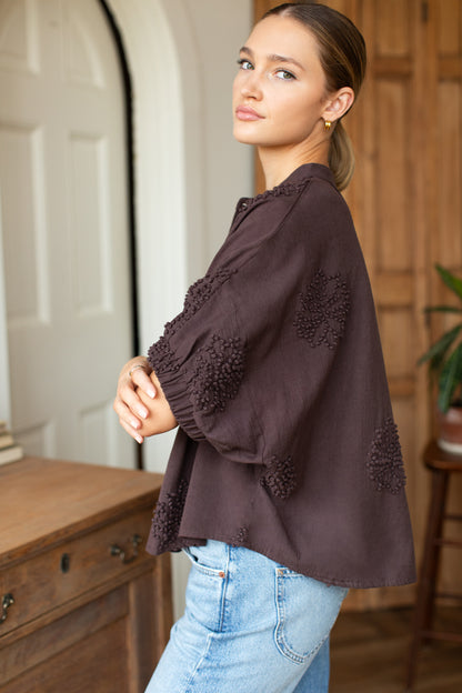 Mandarin Collar Top - French Knot Floral Vintage Chestnut