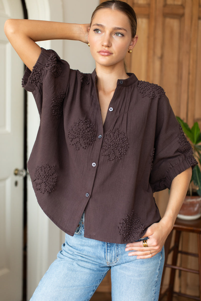 Mandarin Collar Top - French Knot Floral Vintage Chestnut