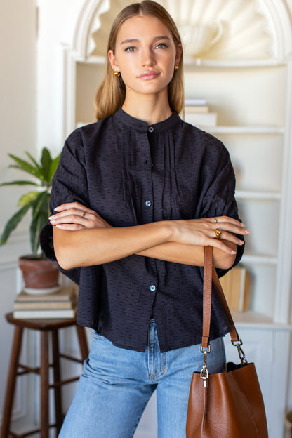 Mandarin Collar Top - Midnight Swiss Dots