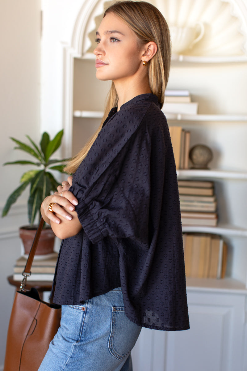 Mandarin Collar Top - Midnight Swiss Dots