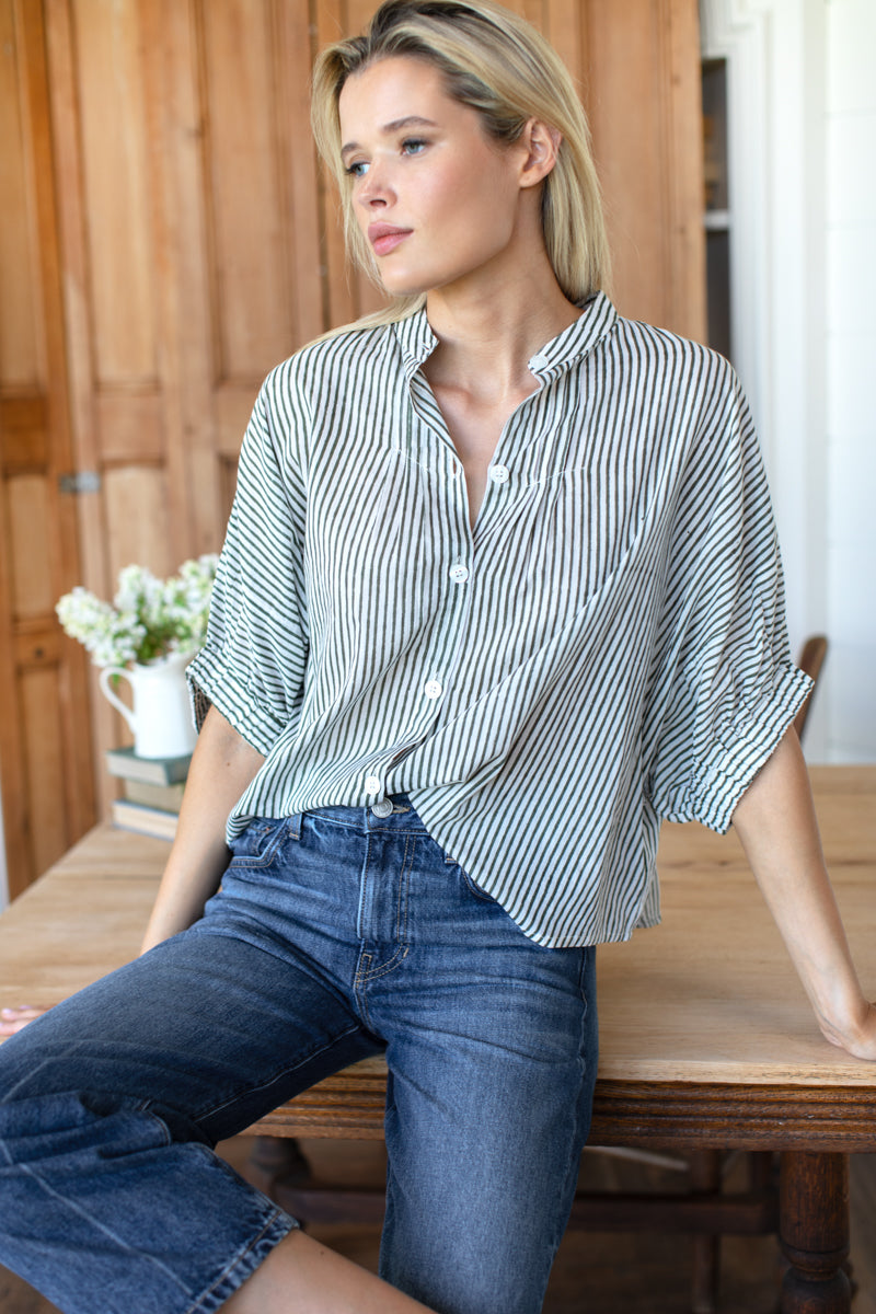 Mandarin Collar Top - Moss Stripe Organic
