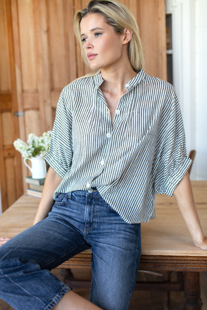 Mandarin Collar Top - Moss Stripe Organic