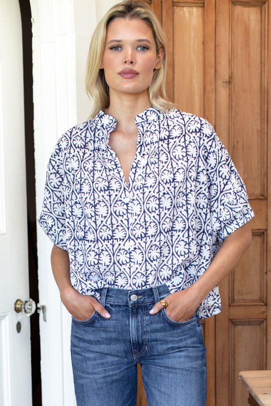 Mandarin Collar Top - Etoile Vine Indigo Organic