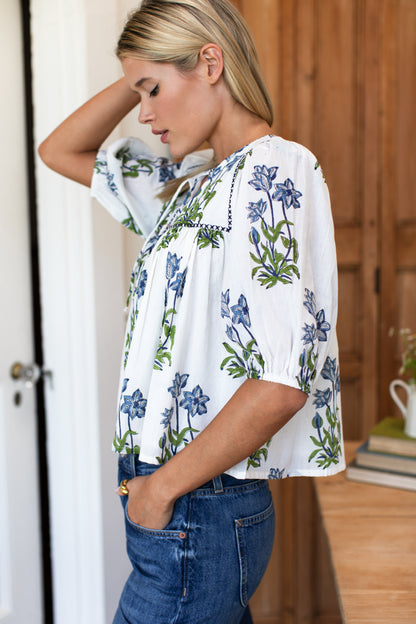Puff Isla Top - Blue Clematis Flowers + Midnight Embroidery Organic