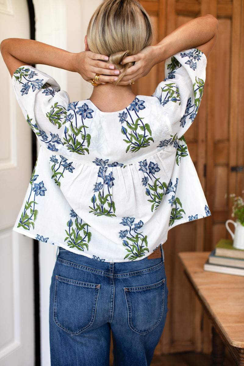 Puff Isla Top - Blue Clematis Flowers + Midnight Embroidery Organic