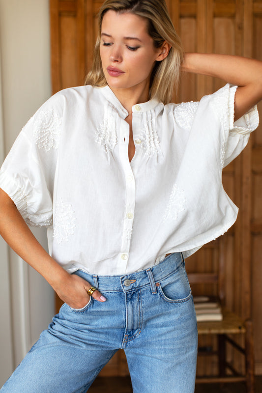 Mandarin Collar Top - French Knot Floral Ivory