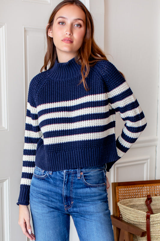 Funnel Neck Sweater-Navy+Ivory Stripe